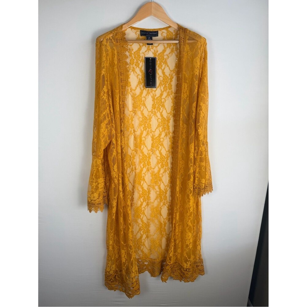 Polly & Esther Golden Mustard Lace Duster Robe Kimono Bell Sleeve 3X NWT